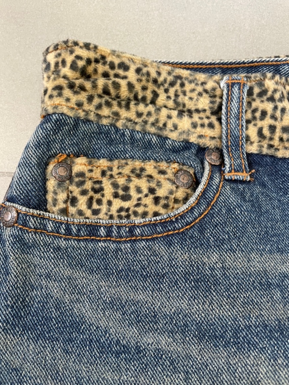 Vantage Denim Midi Skirt with Leopard Trim